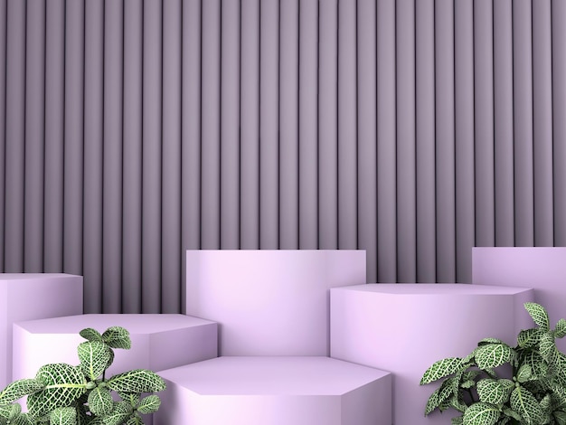 Violet empty mock up space with multiple platforms and green leaf decoration 3D Rendering