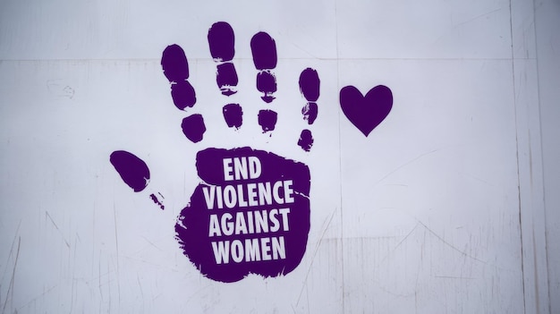 Photo violet handprint representing the movement to end violence against women set against white