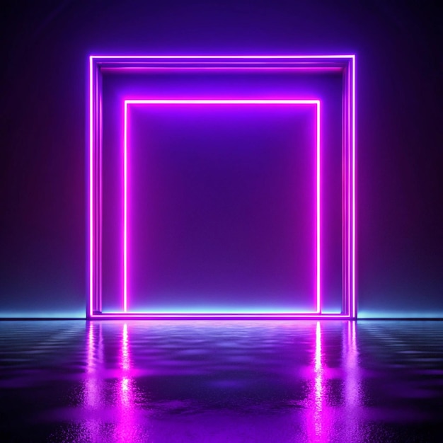 Photo violet neon frame 3d rendering purple geometric with floor reflection