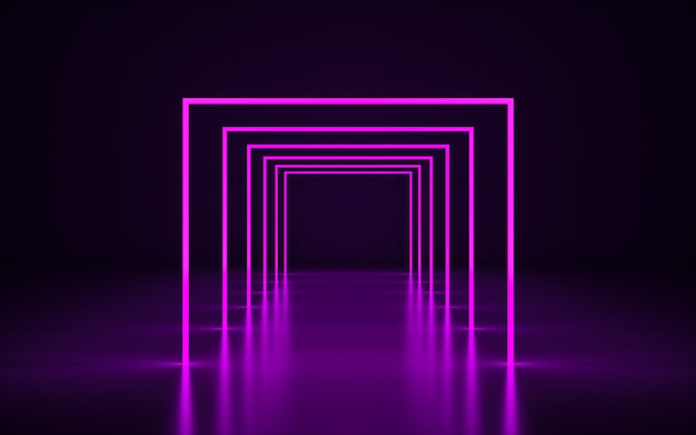 Violet neon frame. 3D rendering purple geometric with floor reflection