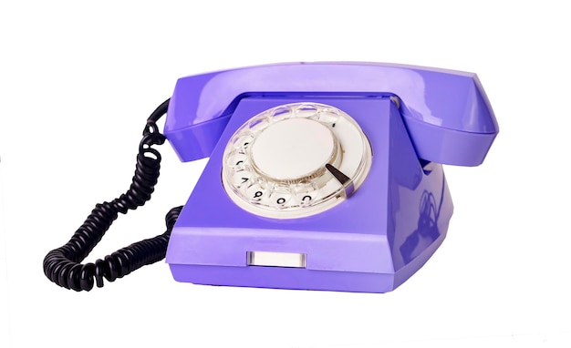 Violet retro rotary phone with cord isoalted on white background