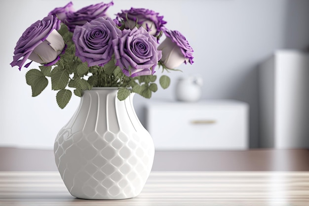 Violet rose flowers in vase on wooden table with place for copy space