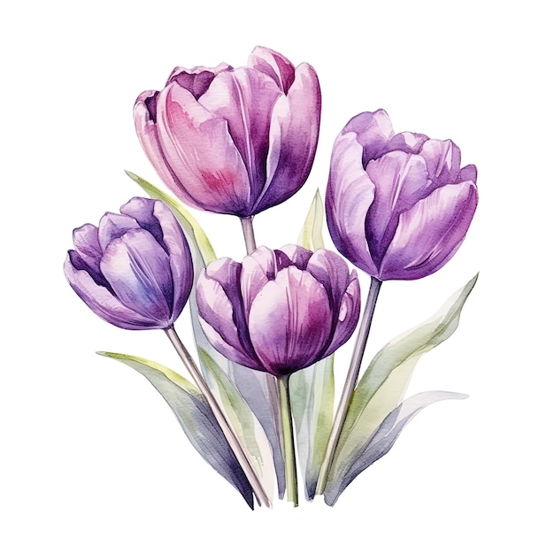 Violet watercolor tulips Illustration AI Generative