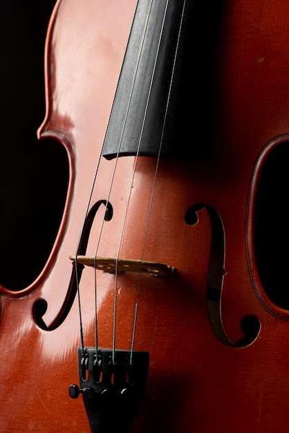 Violin details of a beautiful violin on rustic wood low key style photo black background selective focus