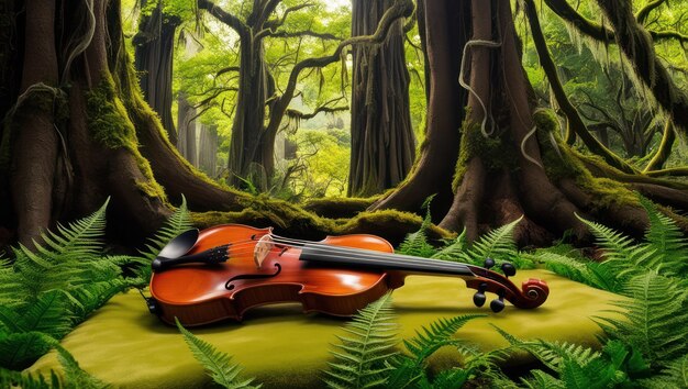 Photo violin in enchanted forest