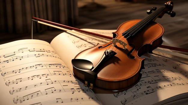 a violin is open to a page with music notes on the page