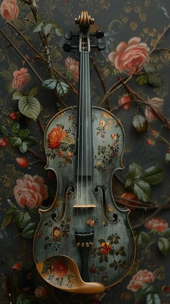 Photo a violin is shown with flowers and a picture of flowers on the wall