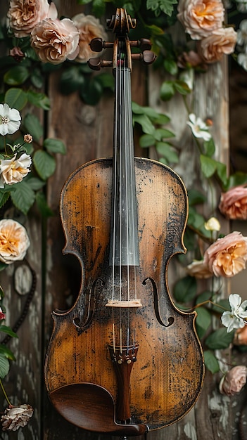 a violin is sitting on a table with flowers and flowers in the background