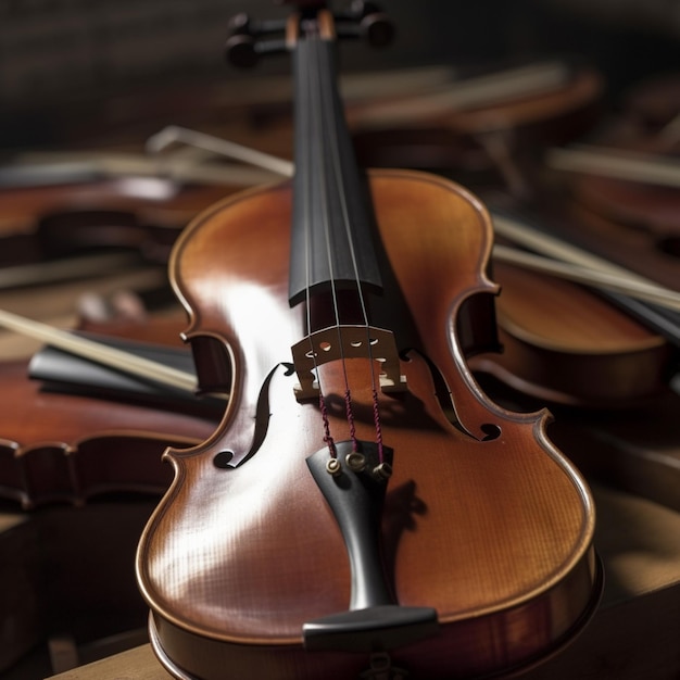 A violin lies on a table with other violins.