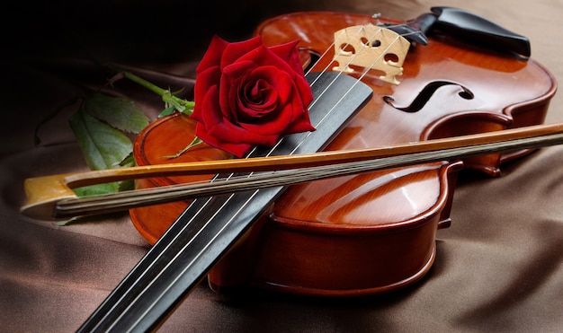 violin and red rose on a silk tableclose up