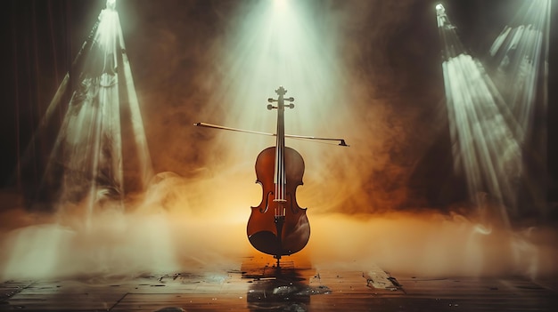 a violin sits on a stage with the lights behind it