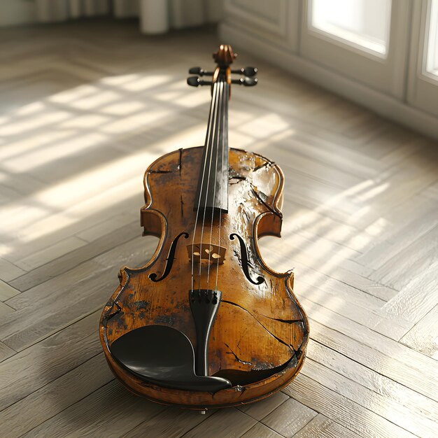 Photo a violin sits on a wooden floor with a black handle