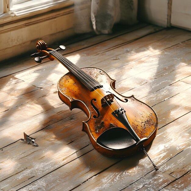 Photo a violin sits on a wooden floor with the word  the  on it