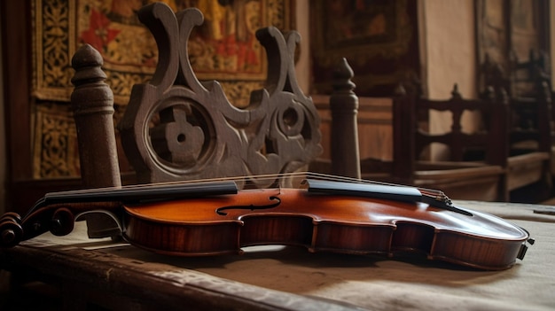 A violin on a table with a wooden seat and a sign that says'violin '