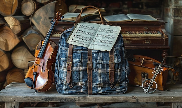 a violin and a violin are on a table with other items