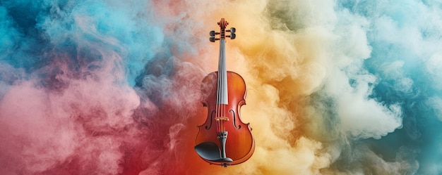 Photo violin with colored smoke in the sky