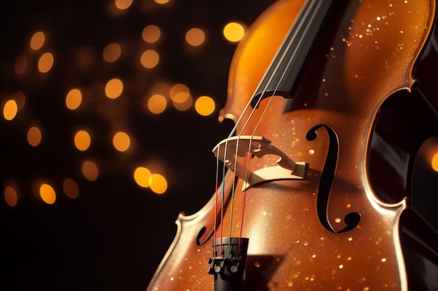 A violin with a gold background and lights in the background.