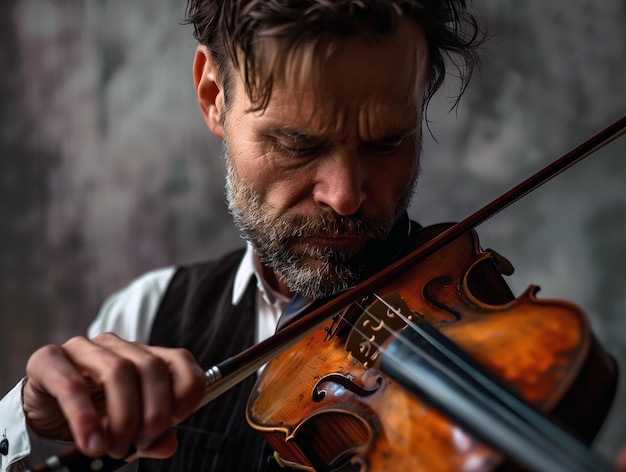 Photo violinist playing on a violin closeup portrait