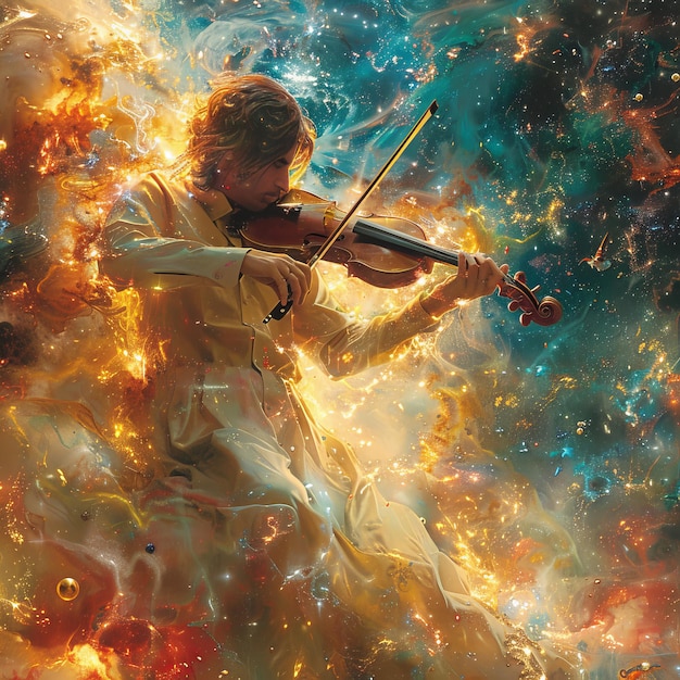 Violinist playing the violin in cosmic space 3d rendering