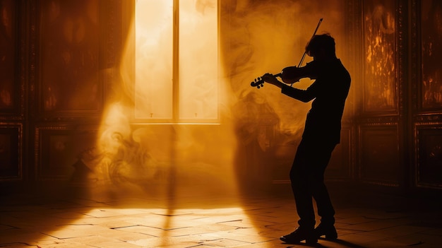 A violinists silhouette stands out against a glowing window enveloped in a mystical haze