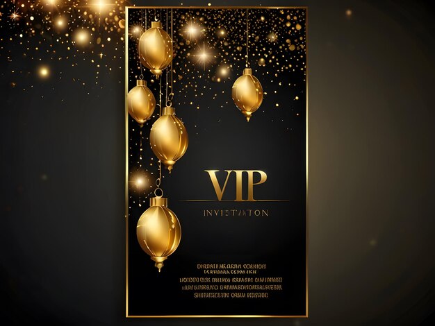 Photo vip invitation design with sparkling lights and golden ornaments on a dark background