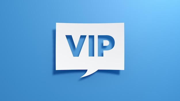 VIP Speech Bubble Minimalist abstract design with white cut out paper on blue background 3D Render