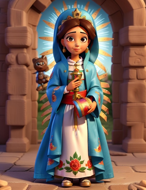 the Virgin Mary elegantly dressed in a serene blue attire