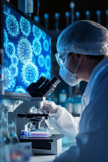 Photo a virologist in protective gear carefully labels test tubes containing red samples while conducting research in a sterile environment focused on infectious diseases