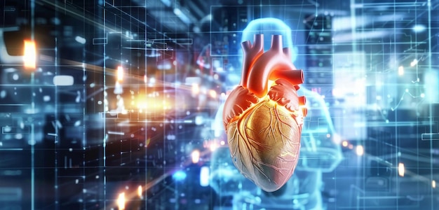 A virtual anatomical heart hologram floating against a futuristic medical backdrop symbolizing advanced healthcare technology Heart hologram future concept