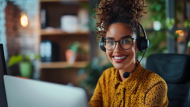 Virtual assistant at a desk in a home office wearing a headset with a microphone