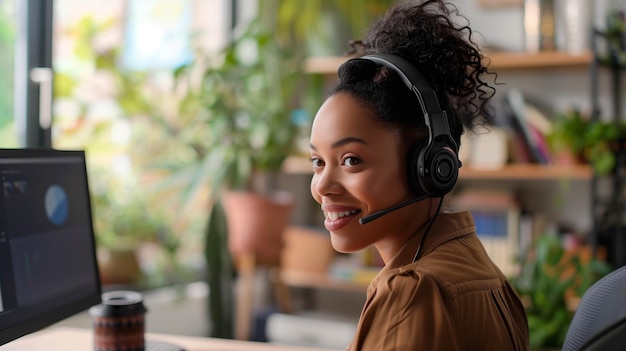 Virtual assistant at a desk in a home office wearing a headset with a microphone