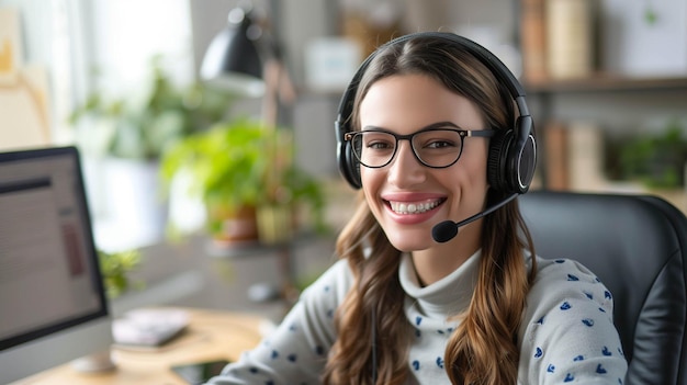 Virtual assistant at a desk in a home office wearing a headset with a microphone