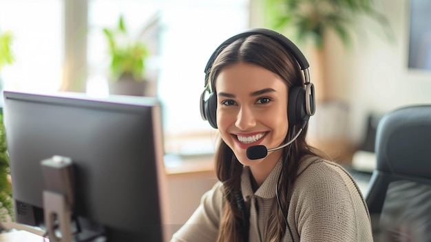 Virtual assistant at a desk in a home office wearing a headset with a microphone