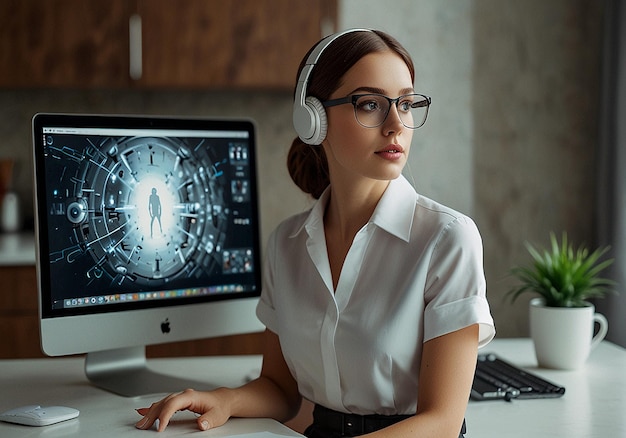 Virtual Assistant at Work with Futuristic Computer Interface