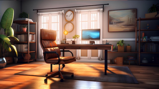 Virtual background of a computer desk with a clock on the wall