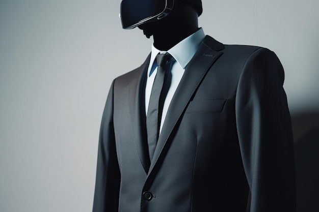 Virtual business concept a businessman in a suit in VR glasses on a gray background