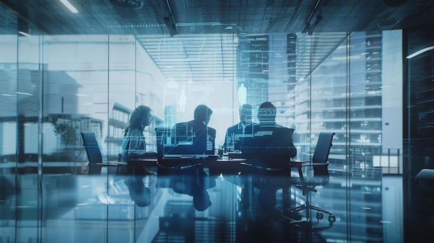 Virtual Business Meeting with Holographic Overlay Group of People Working on Laptops