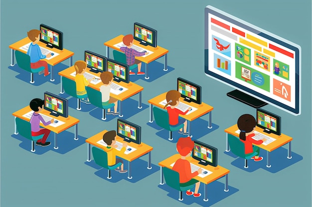 Photo virtual classroom setup with educators on an elearning platform interactive learning