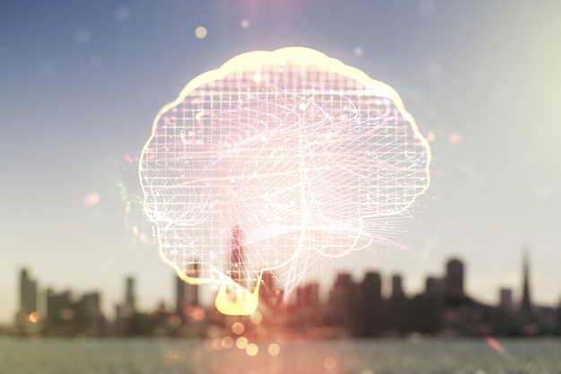 Virtual creative artificial Intelligence hologram with human brain sketch on blurry skyscrapers background Double exposure