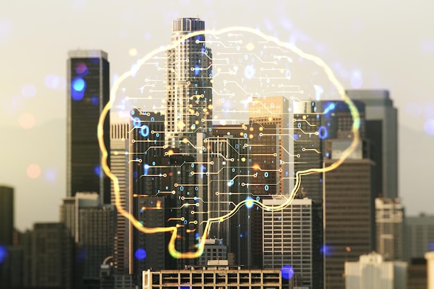 Virtual creative artificial Intelligence hologram with human brain sketch on Los Angeles skyline background Multiexposure