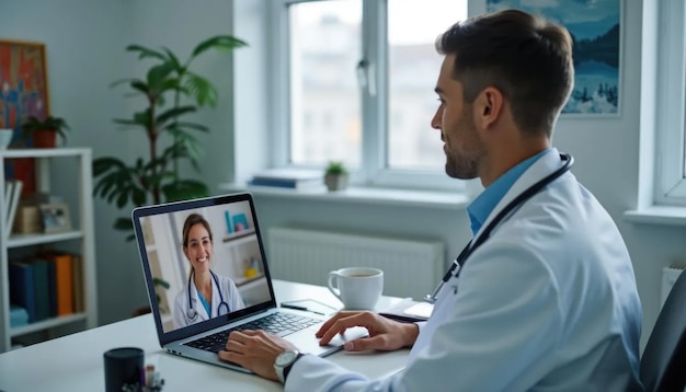 Photo virtual doctor consultation via laptop for convenient healthcare access