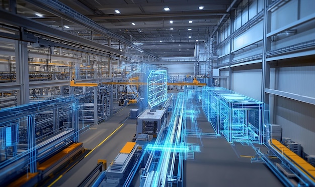 A virtual factory floor where digital twins of products