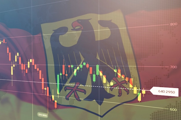 Virtual financial graph on flag of germany forex and investment concept multiexposure graph falling ...