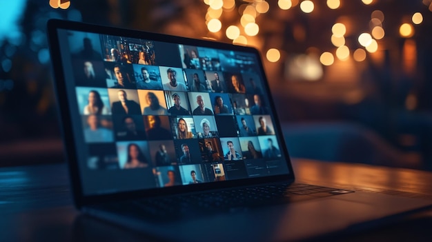 Photo virtual gathering of diverse faces illuminated by warm bokeh lights during an evening online meeting