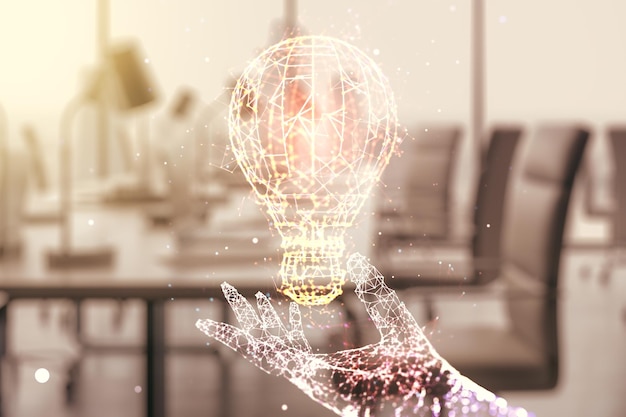 Virtual idea concept with light bulb illustration on a modern furnished office background