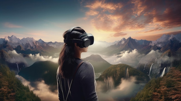 A virtual landscape emerging from a VR headset representing immersion Generative AI