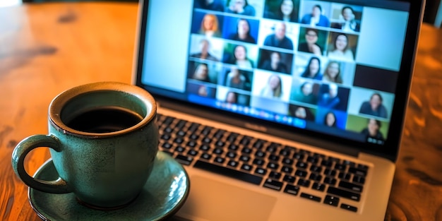 Photo virtual meeting displayed on laptop screen