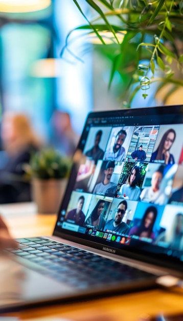 Photo virtual meeting on laptop screen highlighting leadership development and soft skills training