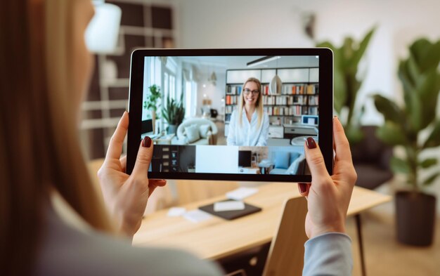 Virtual Meeting Video Conference on tablet screen Team working by group video call share ideas