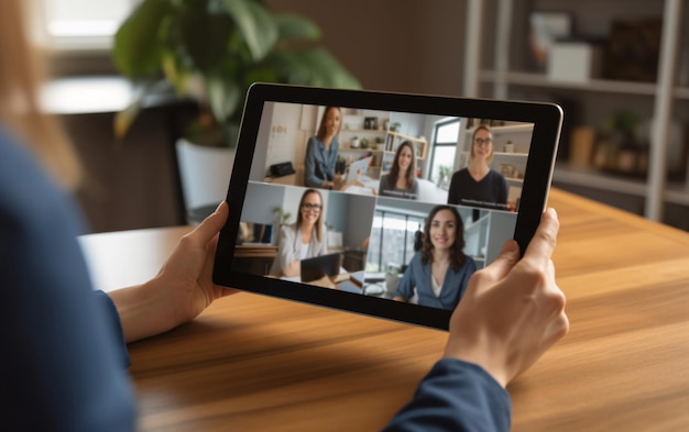 Virtual Meeting Video Conference on tablet screen Team working by group video call share ideas